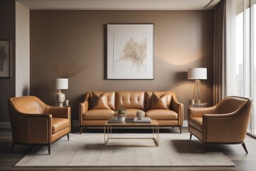  Interior of living room with brown leather sofa