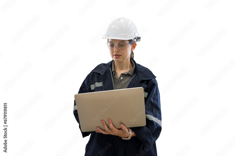 Aufkleber Female engineer worker wearing safety uniform and helmet working with laptop computer for control machinery on white background