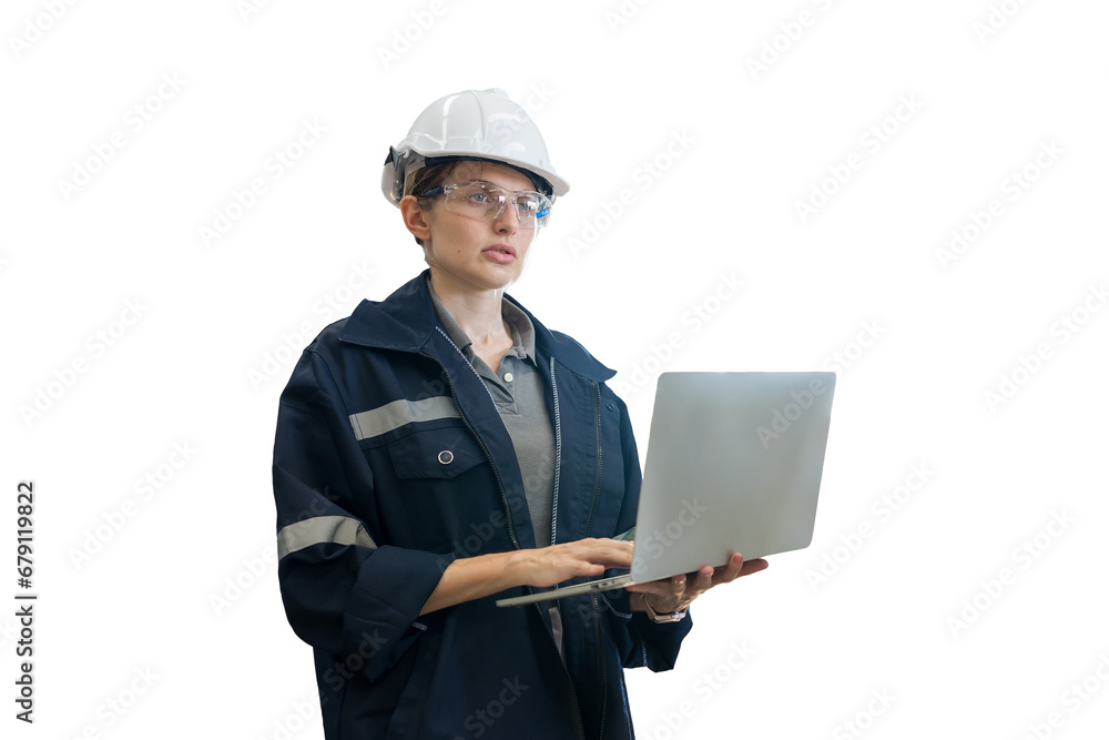 Poster female engineer worker wearing safety uniform and helmet working with laptop computer for control ma
