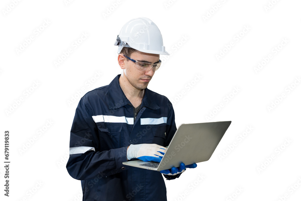 Poster Male engineer worker wearing safety uniform and helmet working with laptop computer for control machinery on white background