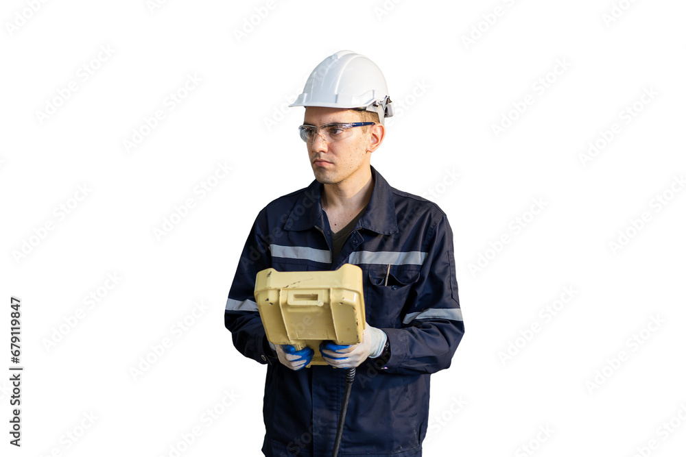 Aufkleber Male engineer using robot controller working on white background. Male technician working with control automatic device on white background