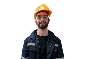 Male engineer worker wearing safety uniform and helmet on white background