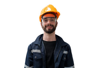 Male engineer worker wearing safety uniform and helmet on white background