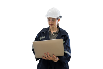 Female engineer worker wearing safety uniform and helmet working with laptop computer for control machinery on white background