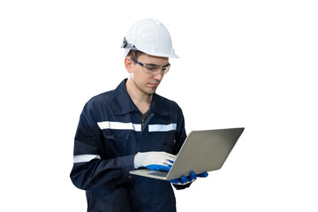 Male engineer worker wearing safety uniform and helmet working with laptop computer for control...