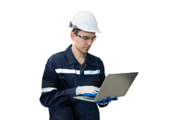 Male engineer worker wearing safety uniform and helmet working with laptop computer for control machinery on white background