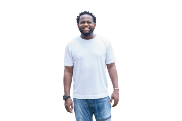 Happy smiling African American male standing on white background