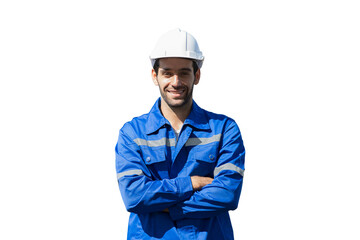 Male engineer worker wearing safety uniform and helmet on white background