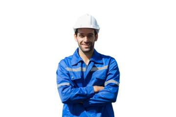 Male engineer worker wearing safety uniform and helmet on white background