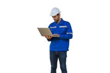 Male engineer worker wearing safety uniform and helmet working with laptop computer on white...
