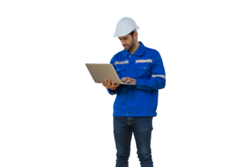 Male engineer worker wearing safety uniform and helmet working with laptop computer on white background