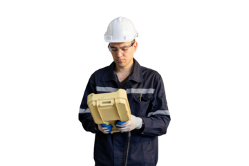 Male engineer using robot controller working on white background. Male technician working with control automatic device on white background