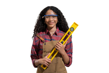 Young woman carpenter holding precision level on white background