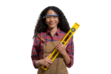 Young woman carpenter holding precision level on white background