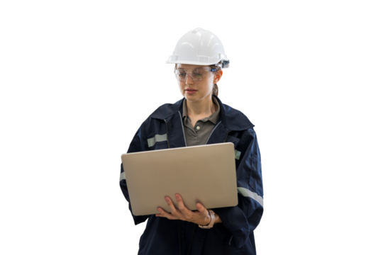 Female engineer worker wearing safety uniform and helmet working with laptop computer for control machinery on white background