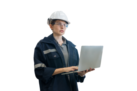 Female engineer worker wearing safety uniform and helmet working with laptop computer for control machinery on white background
