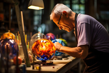 murano handmade glass blower at work.venezian glass blower artisan crafting a beautiful hand made glass object using handicraft skills - obrazy, fototapety, plakaty