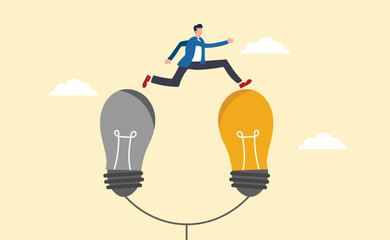 Smart businessman jump from old to new shiny lightbulb idea. Business transformation, change management or transition to better innovative company, improvement and adaptation to new normal concept.