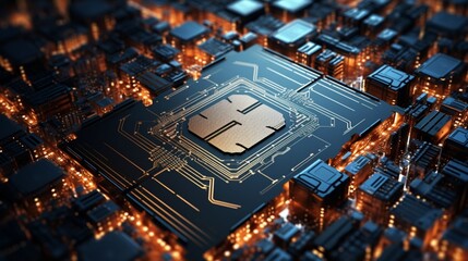 Intricate microchip architecture on a digital motherboard.