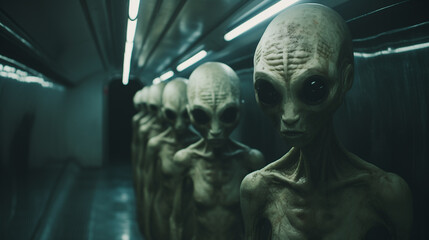 Emaciated aliens in a dimly lit cold dark spaceship prison cell corridor, extraterrestrial prisoners onboard a Terran military frigate - abnormally thin and malnourished, science fiction concept.  