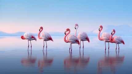 Group of pink flamingo birds on the blue lagoon. Generative AI.