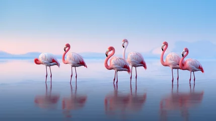 Fotobehang Group of pink flamingo birds on the blue lagoon. Generative AI. © Brastock Images / AI