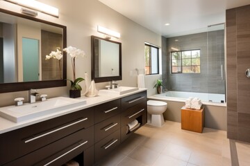 modern bathroom with offset vanity and mirrors
