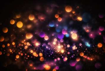 Bokeh light texture. Blur glowing circles. Defocused neon purple orange blue color shiny round bubbles on dark black art illustration abstract background.