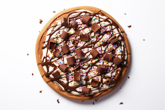 Studio photo of an chocolate pizza on a white background. Generative AI.