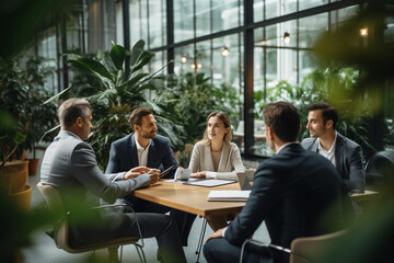 Diverse business people at corporate meeting, sitting at table in boardroom. Generative AI.