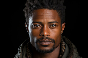 Handsome intense eyes headshot from an afro man on dark background. Generative AI.
