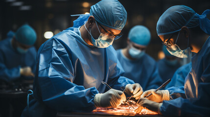 Doctors in blue protective clothing stand at the operating table with tools in their hands and operate