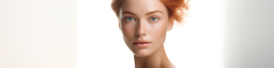 Obraz premium Beautiful young woman face close up. Portrait of attractive caucasian female model.