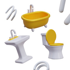 Wash basin, bath with faucet and toilet. Personal home hygiene. Plumbing for home. Items for bathroom. Vector illustration in 3d style with yellow elements