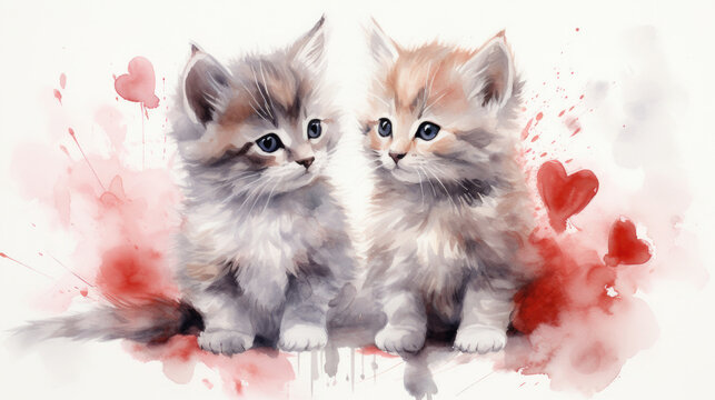 Two cute kitten with small red hearts. watercolor postcard
