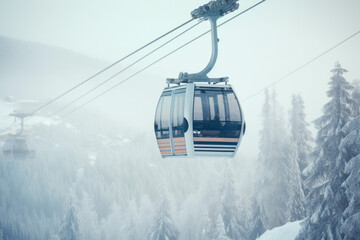 Ski lift gondola over snowy forest in mist - obrazy, fototapety, plakaty