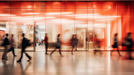 Blurred background of a modern shopping mall with some shoppers. Stylish women looking at showcase, motion blur. Abstract motion blurred shoppers with shopping bags