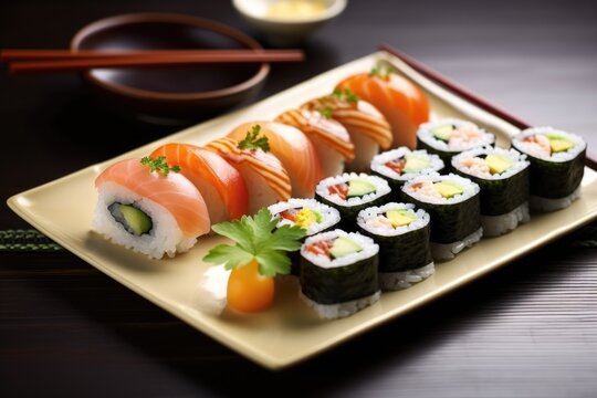 Sushi Arranged On Plate With Chopsticks, In Ancient Japanese Style