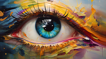 “Fluorite” - oil painting. Conceptual abstract picture of the eye. Oil painting in colorful colors. Genertaive Ai