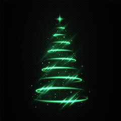 Shiny stylish magical spiral Christmas tree with shining star. Stylized green Merry Christmas tree silhouette from shiny circle particles on black transparent background.