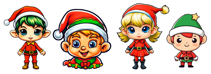 Set of many  Christmas personage stickers. characters of Santa Claus, dog,cat,girl,elf