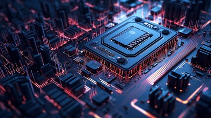 Obraz premium Intricate microchip architecture on a digital motherboard.