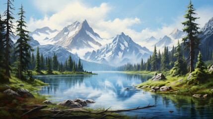 Fototapeta na wymiar A beautiful painting depicting a serene mountain lake