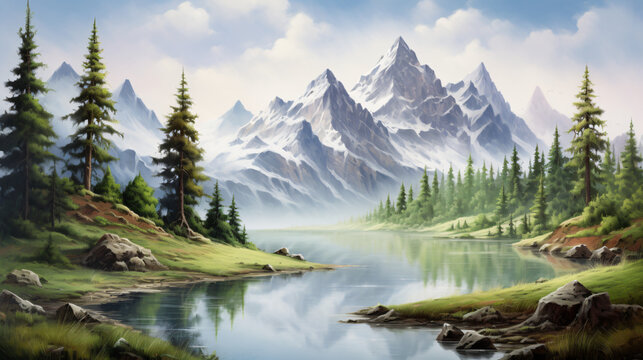 A beautiful painting depicting a serene mountain lake