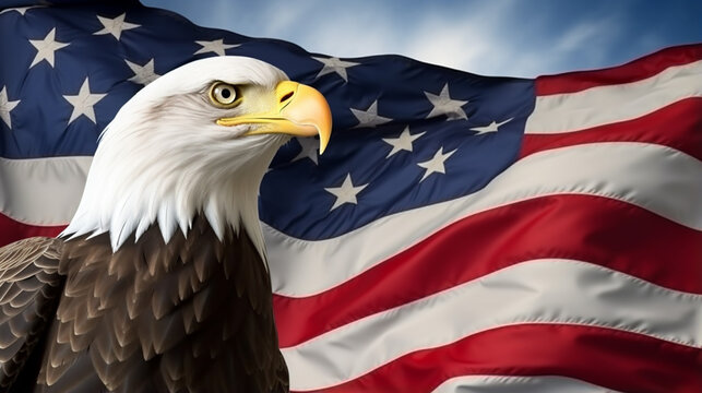 Bald Eagle and American flag with blank space. generative ai