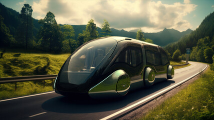 Modern electric car on the road in the mountains. 3d rendering