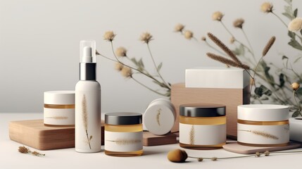 Highresolution product packaging mockups for a natural cosmetics line, featuring ecofriendly materials and minimalist design, perfect for branding presentations. - obrazy, fototapety, plakaty