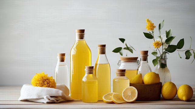 A collection of homemade cleaning products made with natural, organic ingredients, featuring a refreshing citrus aroma for a clean and freshsmelling home environment.