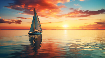 A beautiful sailboat floating in the middle - obrazy, fototapety, plakaty