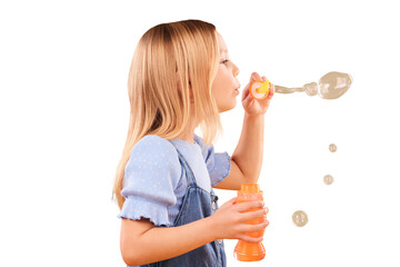 Girl, child and blowing bubbles for fun, games and childhood development with freedom. Happy,...